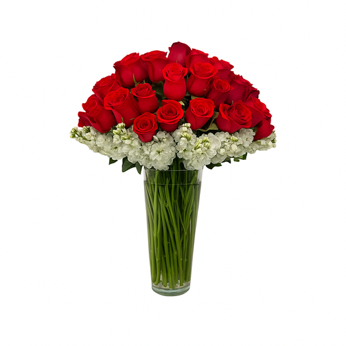 Etiqueta Oro - florero de vidrio con 100 rosas rojas y matiolas blancas