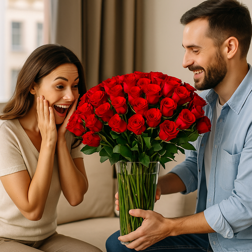 Etiqueta Negra - florero de vidrio con 100 rosas rojas