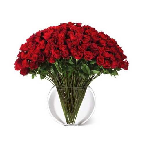 Etiqueta Negra - florero de vidrio con 100 rosas rojas