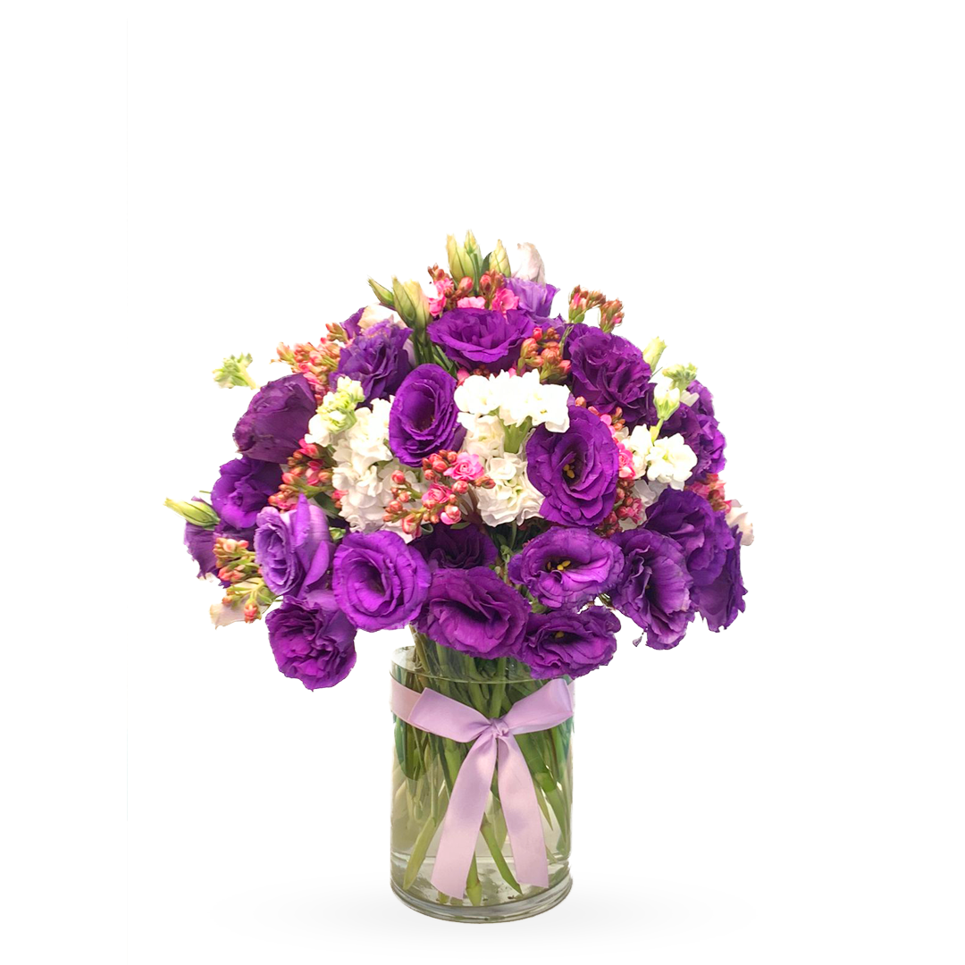 Alicia Florero De Cristal Con Lisianthus Morado Kalanchoe Y Matiola alicia-florero-de-cristal-con-lisianthus-morado-kalanchoe-y-matiola