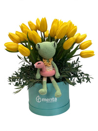 Cristal-caja redonda chica con tulipanes y ranita de peluche
