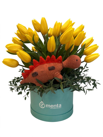 Cristal-caja redonda chica con tulipanes y dinosaurio de  peluche