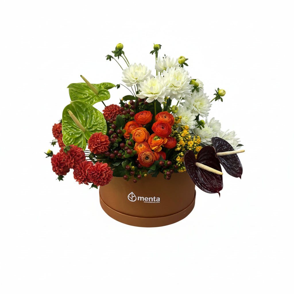 Etiqueta Dalí-caja redonda grande ocre con dalias, anturios