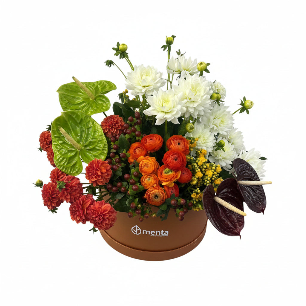 Etiqueta Dalí-caja redonda grande ocre con dalias, anturios