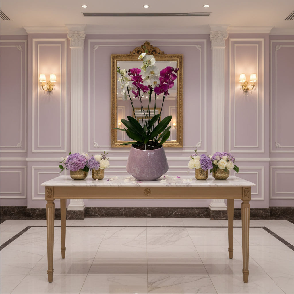 Phalaenopsis Acapulco-maceta esmaltada lila con blanco con 3 orquídeas mixtas