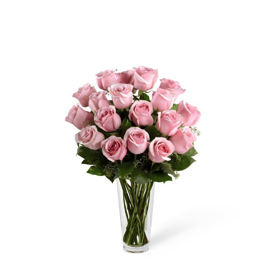 Andrea - florero de vidrio con 24 rosas rosas