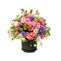 Atenea-base de cerámica oro café con lisianthus de colores