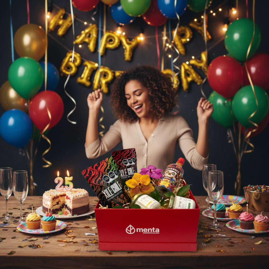 Dallas-caja cuadrada roja con regalos y bebida