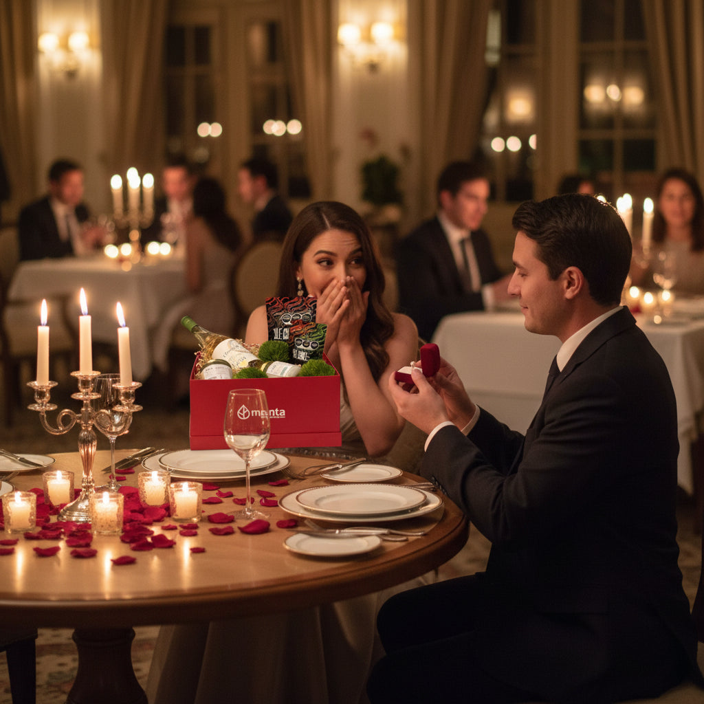 Atlanta-caja cuadrada roja con regalos y Vino blanco