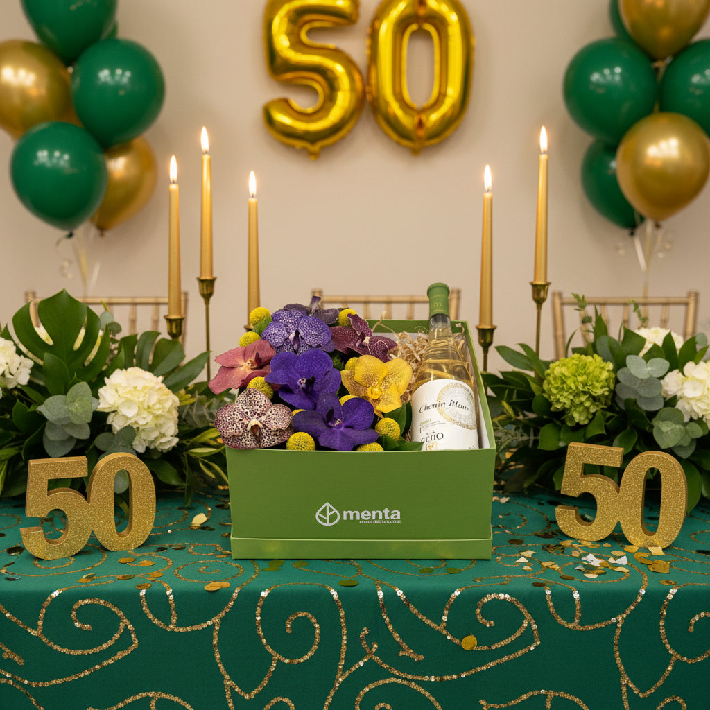 Cuarzo-caja verde con orquídeas vanda y bebida vino blanco
