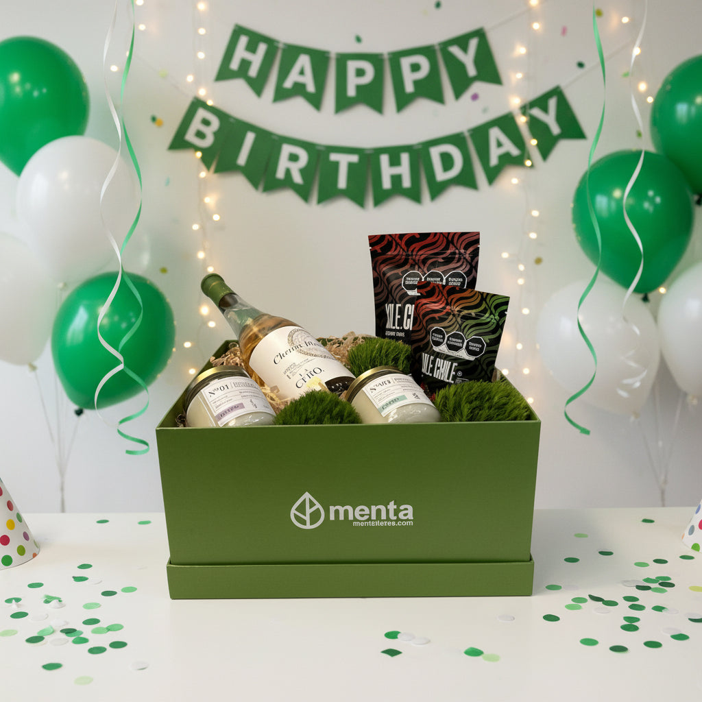 Atlanta-caja cuadrada verde con regalos y Vino blanco