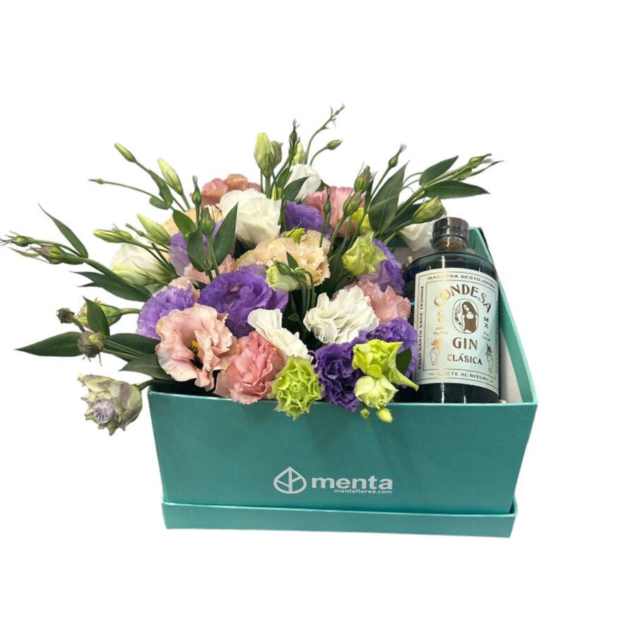 Jade-caja menta con lisianthus rosa,morado  y Ginebra
