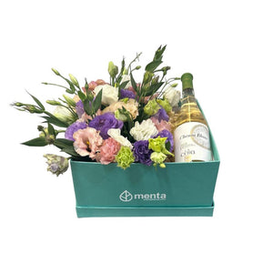 Jade - caja menta con lisianthus rosa,morado y vino blanco