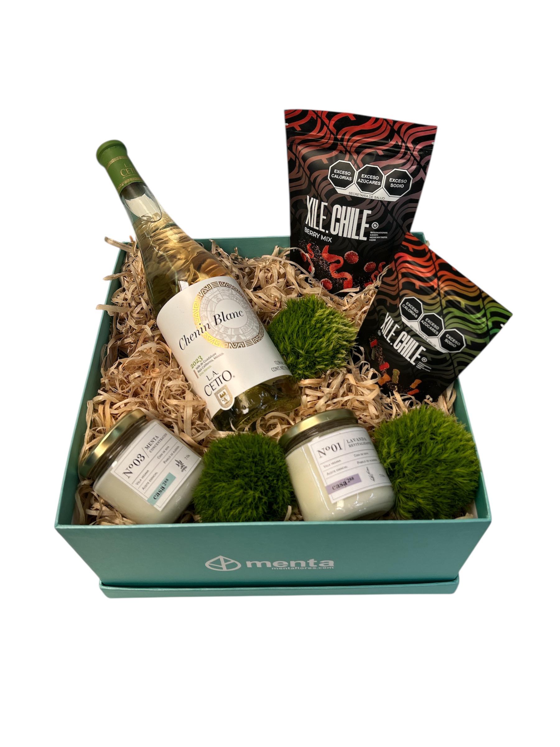 Atlanta-caja cuadrada menta con regalos y Vino blanco