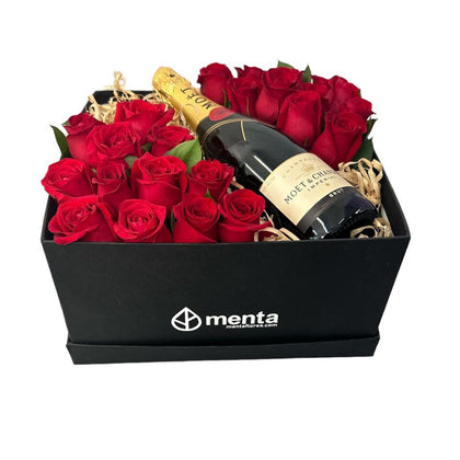 Bronce-caja negra con 24 rosas rojas y champagne