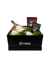Atlanta-caja cuadrada negra con regalos y Vino blanco
