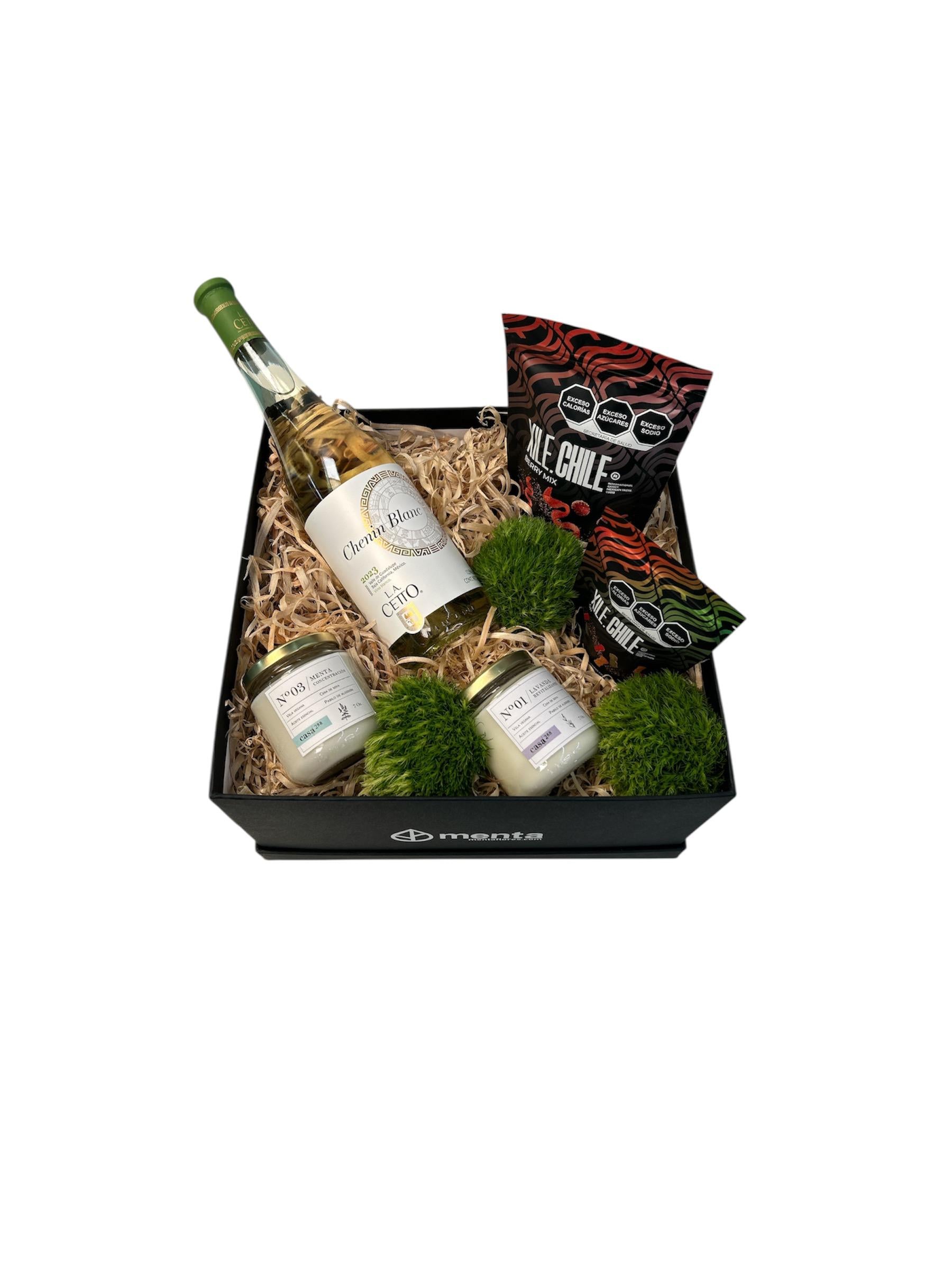 Atlanta-caja cuadrada negra con regalos y Vino blanco