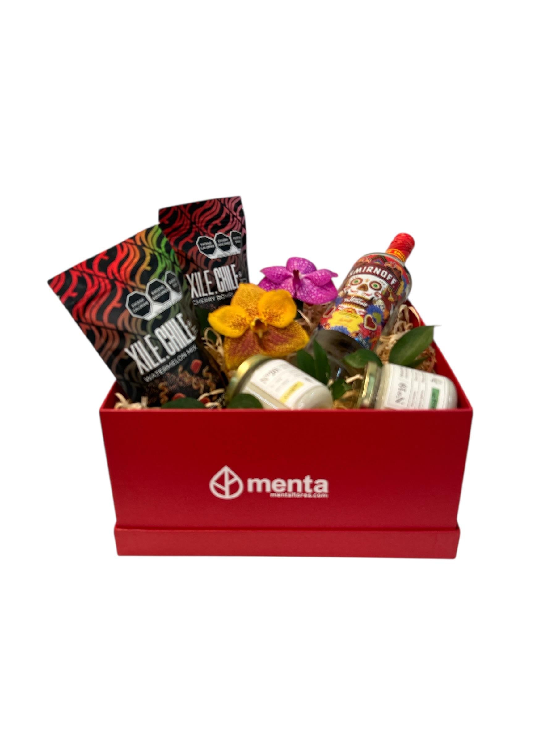 Dallas-caja cuadrada roja con regalos y bebida