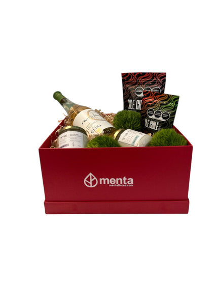 Atlanta-caja cuadrada roja con regalos y Vino blanco