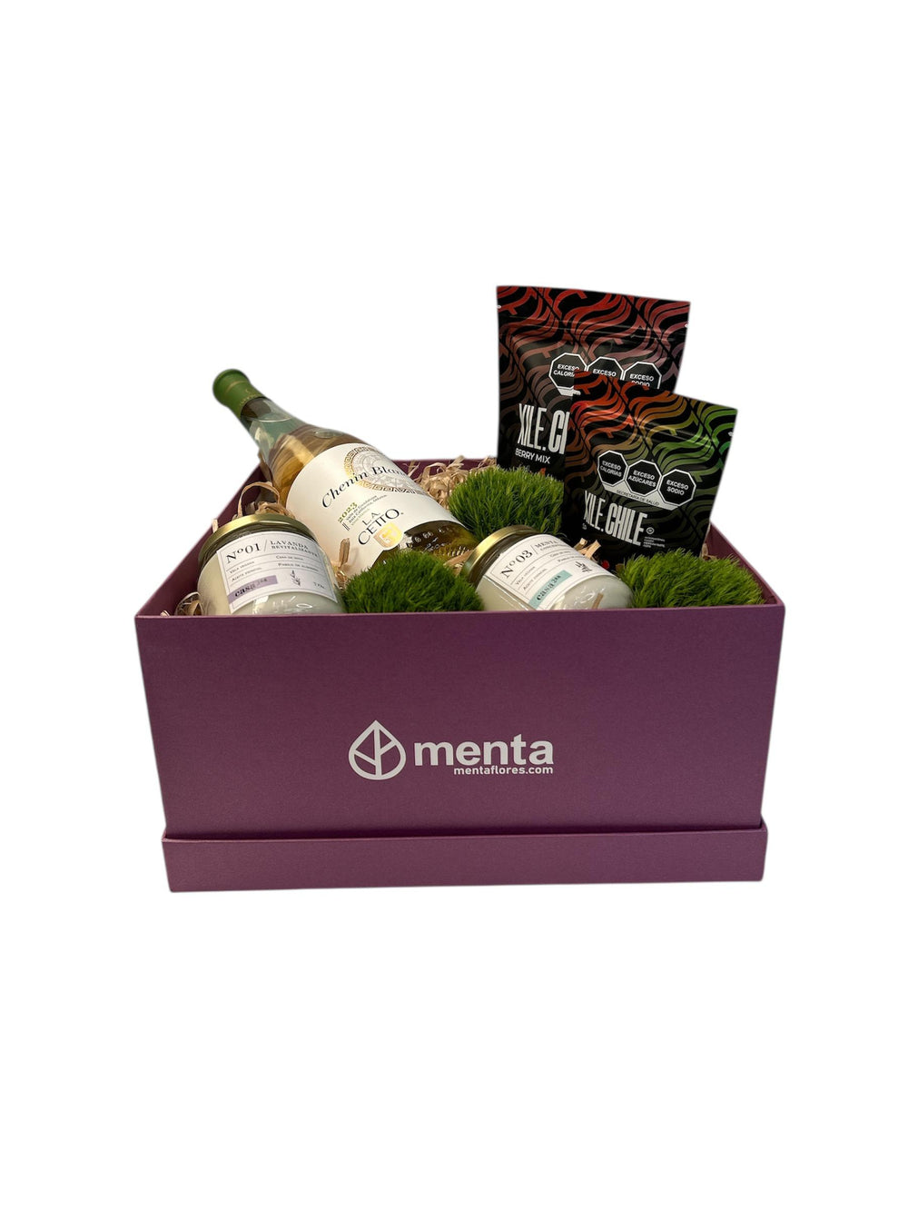 Atlanta - caja cuadrada uva con regalos y Vino blanco