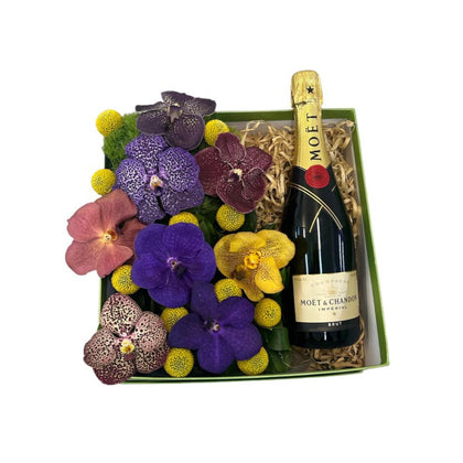 Cuarzo-caja verde con orquídeas vanda y bebida  Moet & Chandon Brut