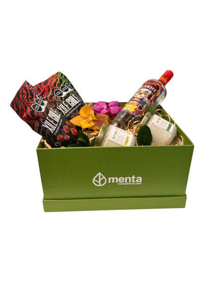 Dallas-caja cuadrada verde con regalos y bebida
