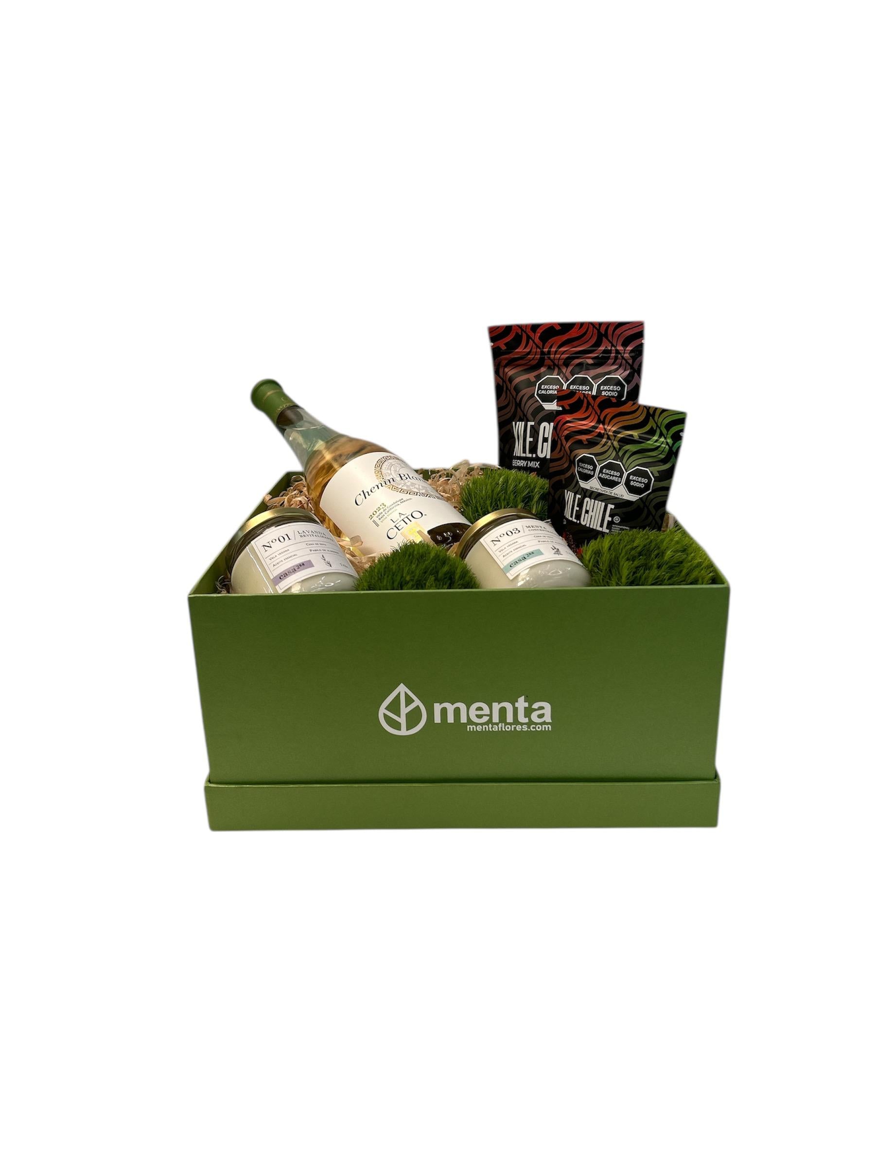 Atlanta-caja cuadrada verde con regalos y Vino blanco