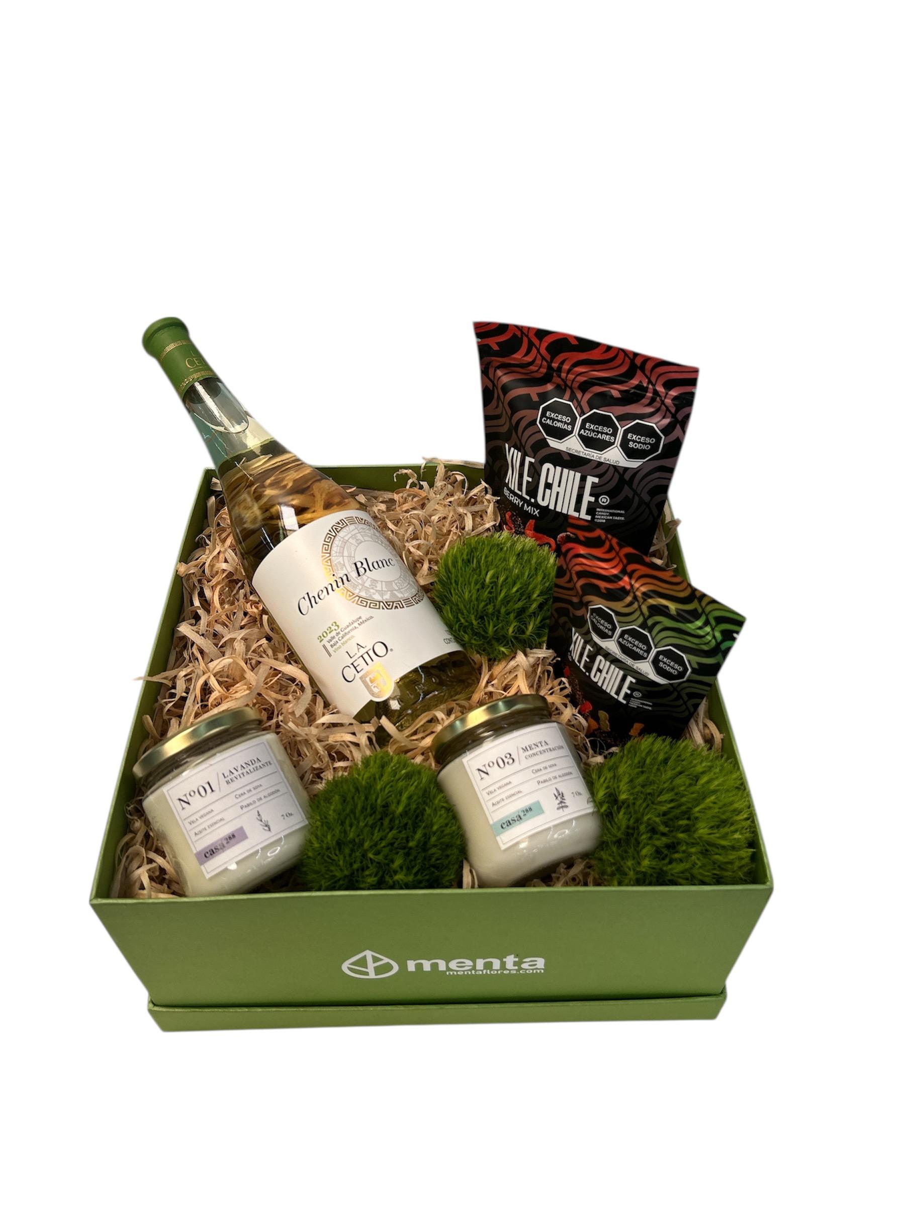 Atlanta-caja cuadrada verde con regalos y Vino blanco