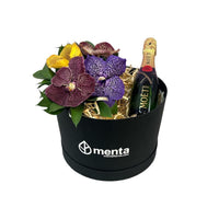 Topacio-caja redonda negra con orquídeas vanda y bebida