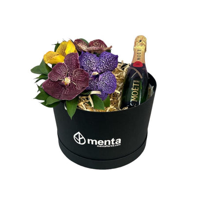 Topacio-caja redonda negra con orquídeas vanda y bebida