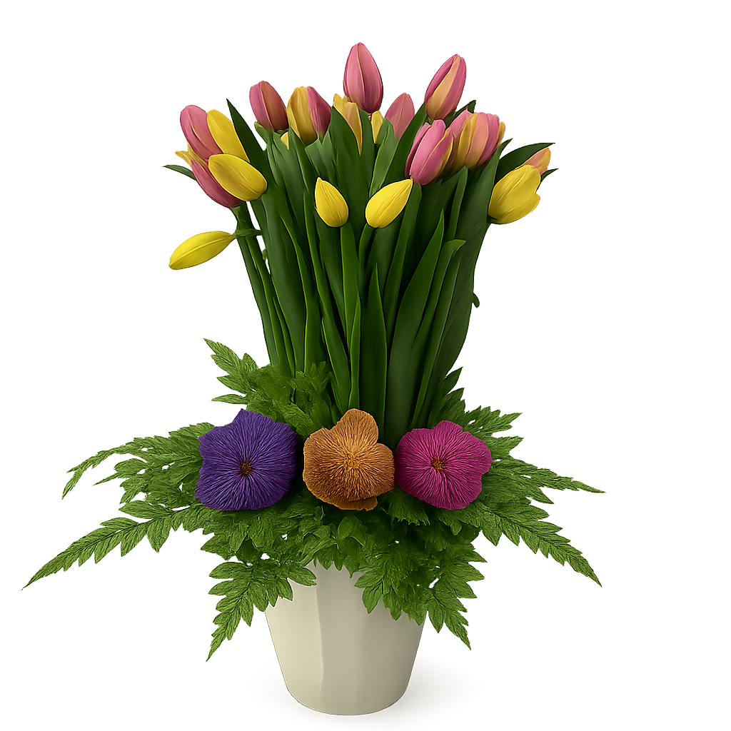 Etiqueta Mónaco-jarrón esmaltado blanco con 40 tulipanes y orquídeas vanda