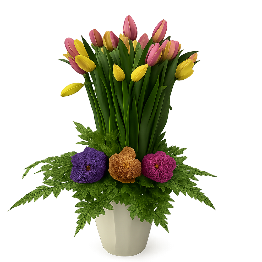 Etiqueta Mónaco - jarrón esmaltado blanco con 40 tulipanes y orquídeas vanda
