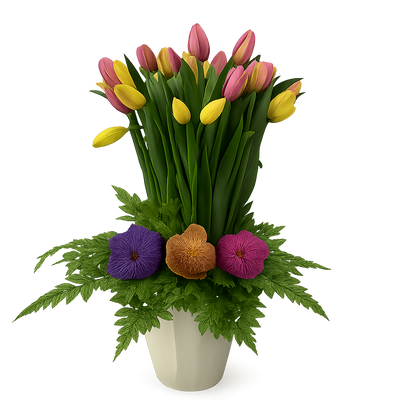 Etiqueta Mónaco - jarrón esmaltado blanco con 40 tulipanes y orquídeas vanda