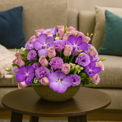 Marie-maceta de cemento grande con rosas y orquídeas vanda