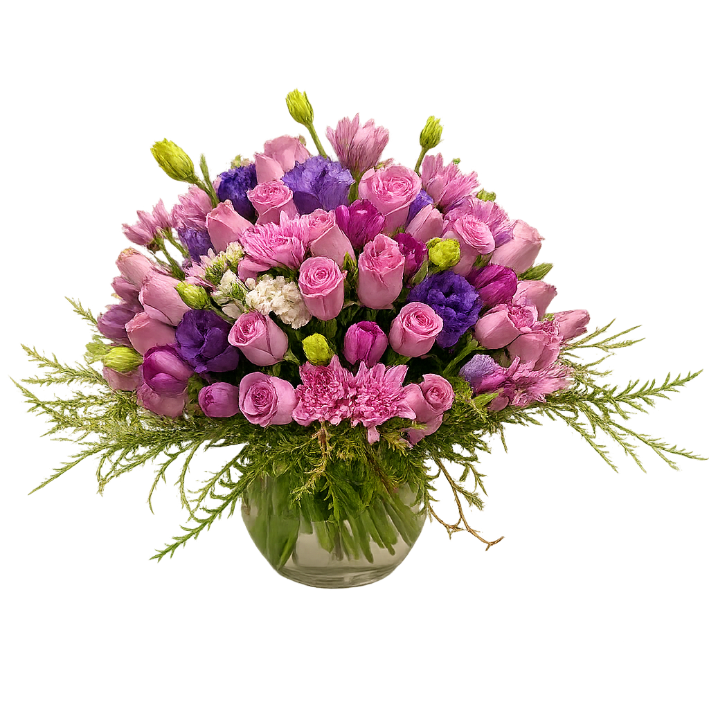 Ana-florero de vidrio grande con rosas, tulipanes y lisianthus morados