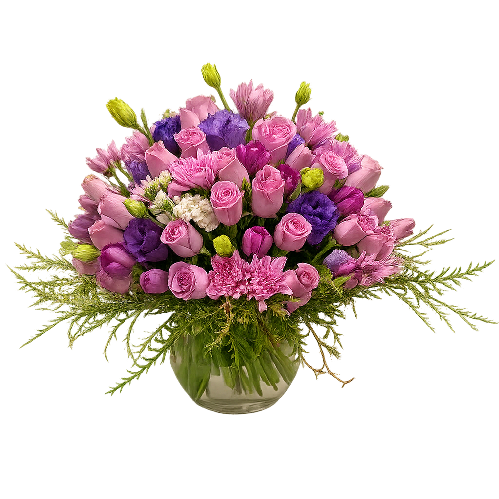 Ana - florero de vidrio grande con rosas, tulipanes y lisianthus morados