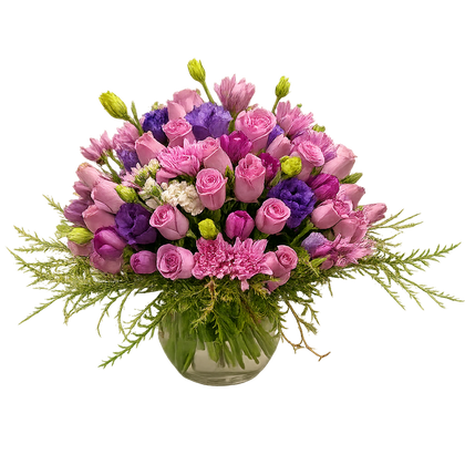 Ana-florero de vidrio grande con rosas, tulipanes y lisianthus morados