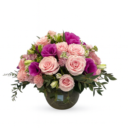 Elizabeth-maceta de cemento chica con rosas rosas y anemonas