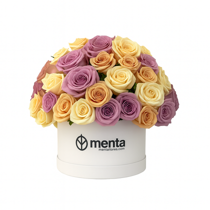 Verónica-caja redonda blanca con 75 rosas pastel