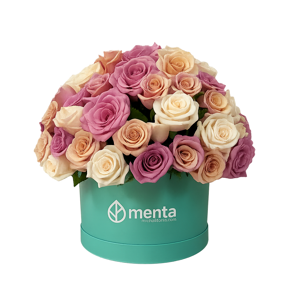 Verónica-caja redonda menta con 75 rosas pastel