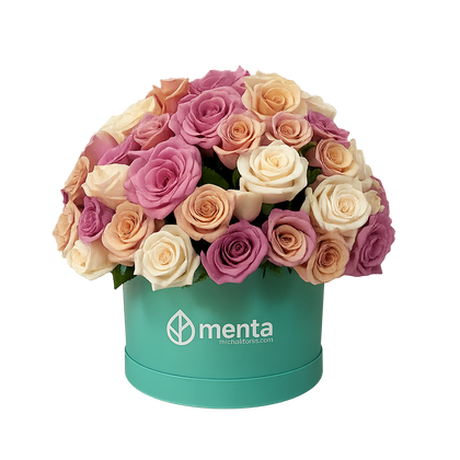 Verónica-caja redonda menta con 75 rosas pastel