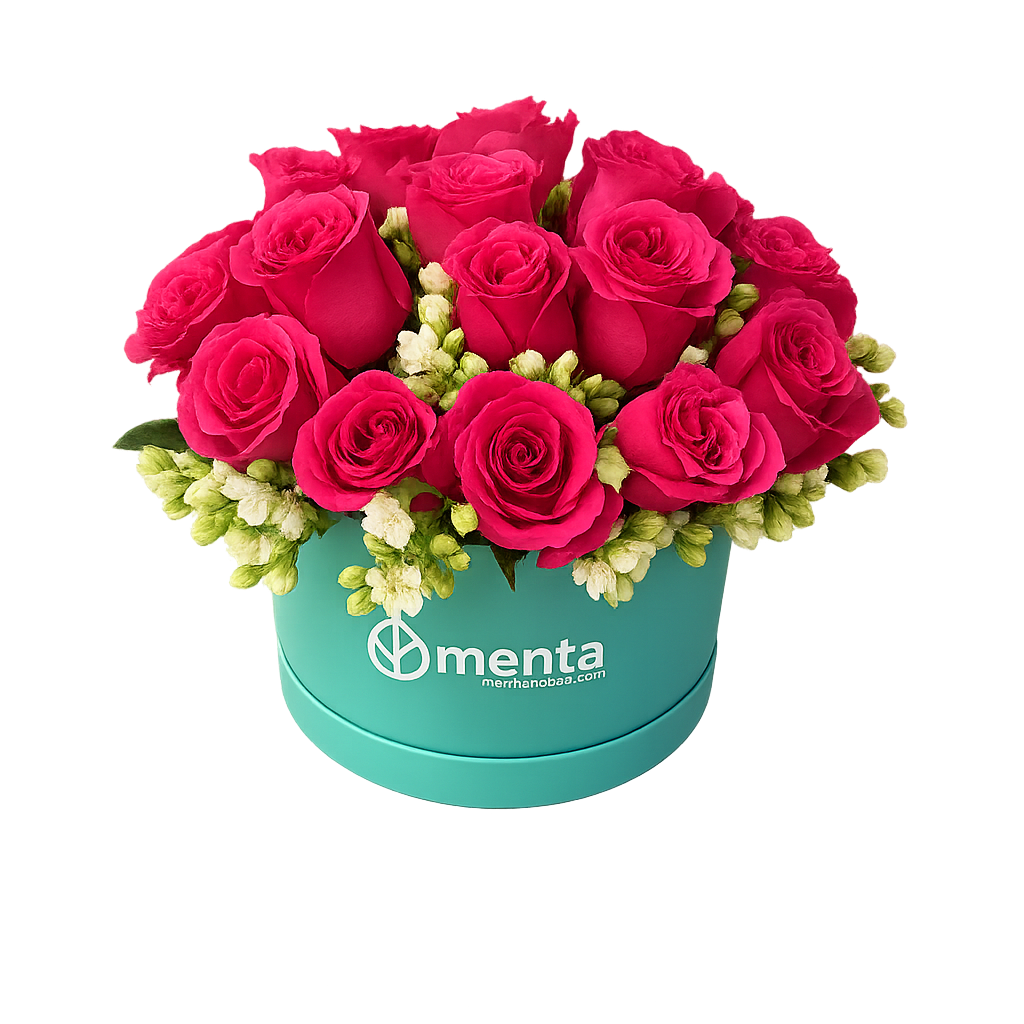 Katy-caja redonda con 24 rosas fiusha y follaje