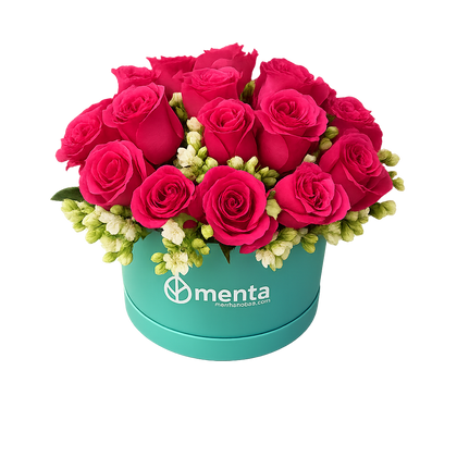 Katy-caja redonda con 24 rosas fiusha y follaje