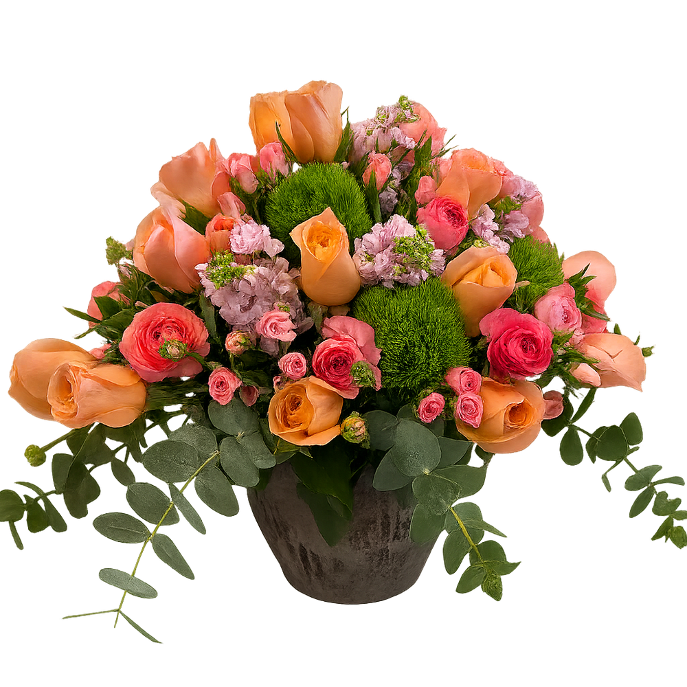 Viridiana - maceta de cemento grande con rosas naranjas