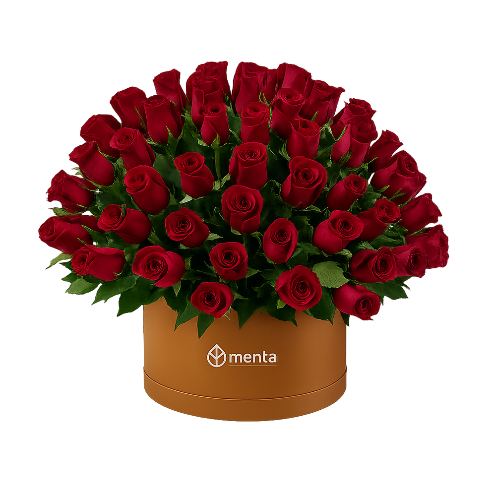 Etiqueta Elegante - caja redonda ocre con 125 rosas rojas