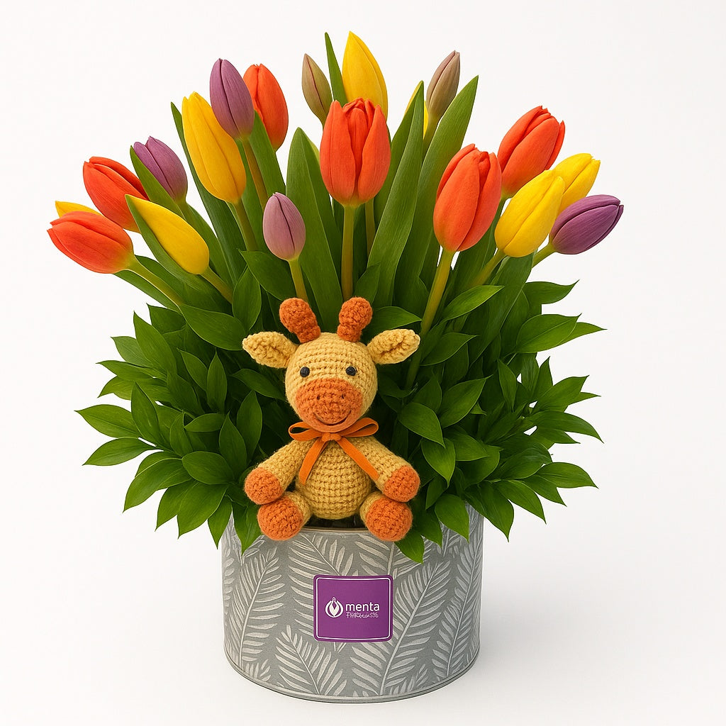 Joana-maceta de metal con 30 tulipanes de colores con una jirafa de peluche