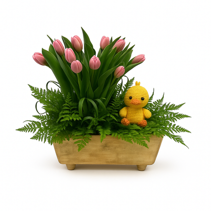 Olí-maceta de barro con 20 tulipanes y un peluche