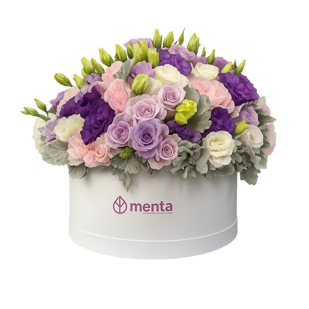 Karime-caja redonda blanca con lisianthus de colores y rosas