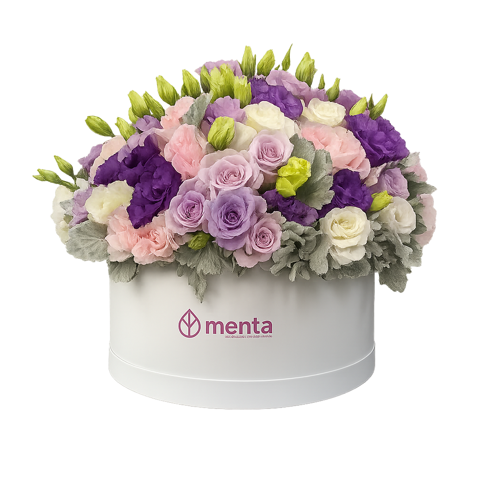 Karime - caja redonda blanca con lisianthus de colores y rosas