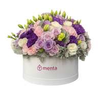 Karime-caja redonda blanca con lisianthus de colores y rosas